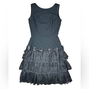 Goth Girl Audrey Hepburn Chic Vintage All Black Satin Bow Lace Skirt Dress